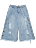 Trendy Ripped Button Up Wide Leg Capri Jeans