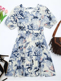 Trendy Puff Sleeve Floral Print Cut Out Dress