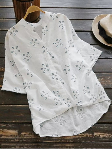 Chic Loose Embroidered Linen High Low Blouse