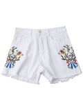 Trendy Embroidered Frayed Hem Ripped Denim Shorts
