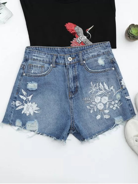 Trendy Cutoffs Ripped Floral Embroidered Denim Shorts