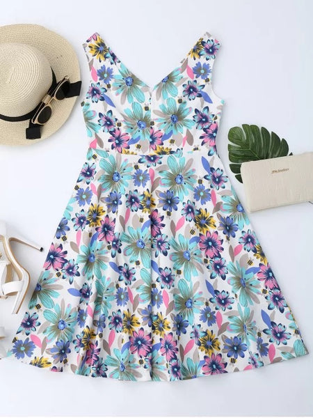 Fashion Floral Print Notched Flare Dress