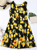 Trendy Lemon Print Sleeveless Flare Dress