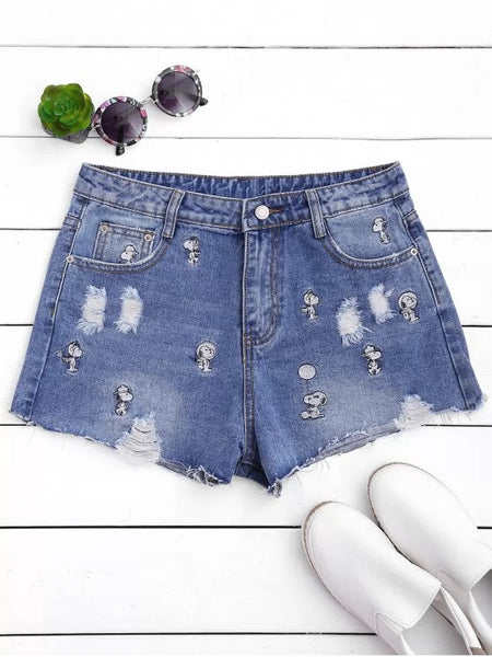 Trendy Puppy Embroidered Destroyed Denim Shorts
