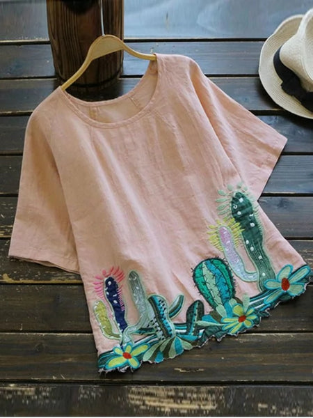 Trendy Round Collar Cacti Embroidered Blouse