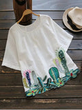 Trendy Round Collar Cacti Embroidered Blouse