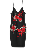 Cute Rose Embroidered Patched Slip Bodycon Dress
