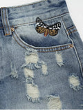 Fashion Ripped Cutoffs Butterfly Embroidered Denim Shorts