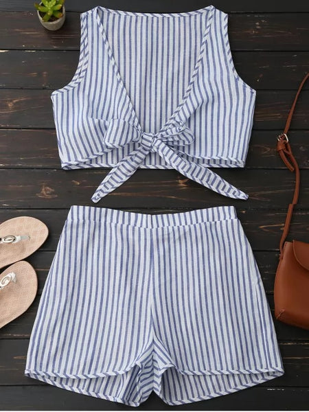 Plunge Striped Front Tied Top with Shorts