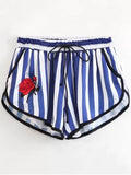 Trendy Stripes Floral Embroidered Drawstring Shorts