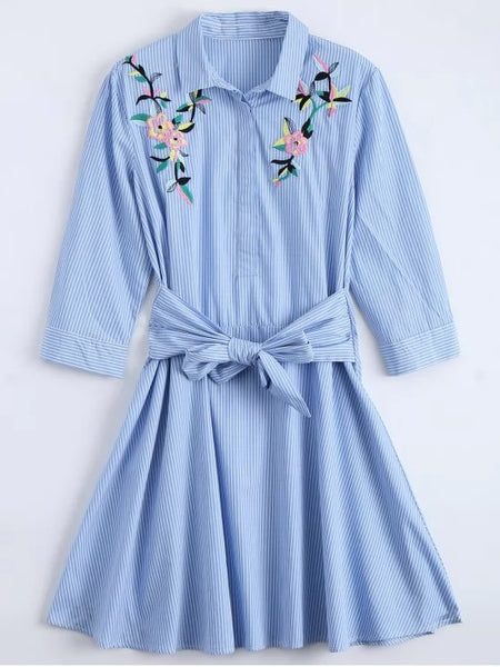 Gorgeous Tied Floral Embroidered Striped Shirt Dress