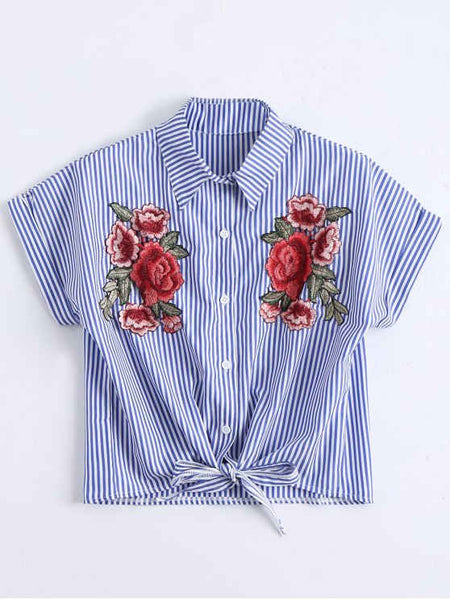 Pretty Floral Patched Striped Button Up Shirt