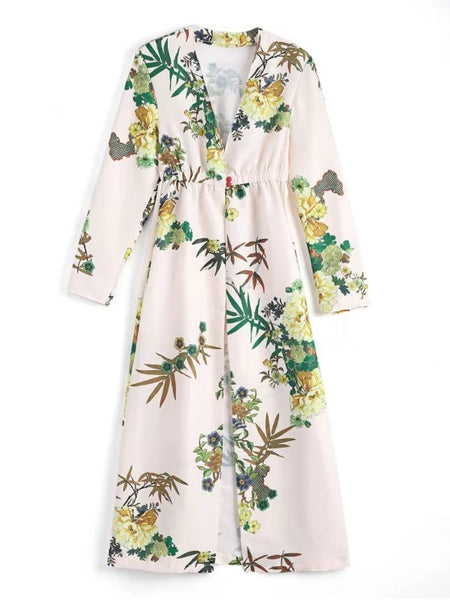 Pretty Floral Long Sleeves Open Front Coverup Dress