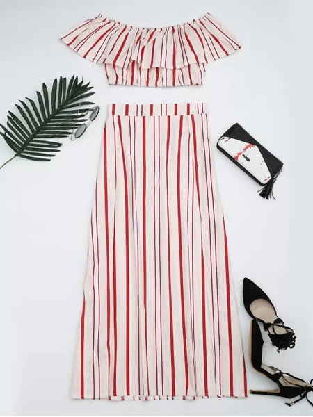 Separate Striped Top and Slit Skirt Suit