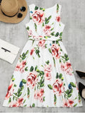 Cute Round Collar Floral Print Belted Dress