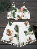 Cropped Ruffles Tropical Top and Tassels Layered Shorts