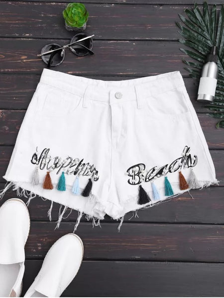 Trendy Cutoffs Tassels Beaded Embroidered Denim Shorts