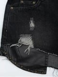 Fashion Ripped Cutoffs PU Panel Denim Shorts