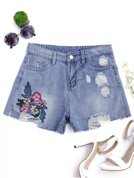 Trendy Floral Embroidered Destroyed Cutoffs Denim Shorts