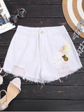 Trendy Patched Pineapple Sequined Ripped Denim Shorts