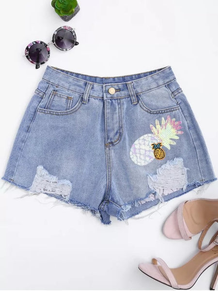 Trendy Patched Pineapple Sequined Ripped Denim Shorts