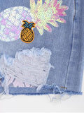Trendy Patched Pineapple Sequined Ripped Denim Shorts