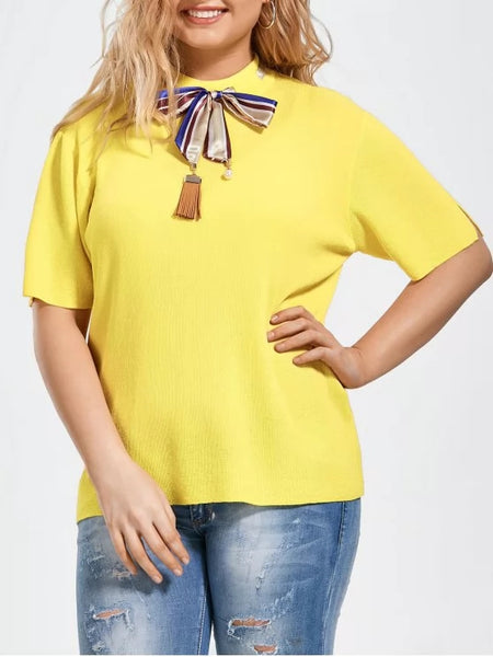 Fashion Bowknot Knitted Plus Size Top with Silk Scarf