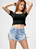 Trendy Lace Up Ripped Frayed Denim Shorts