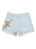 Trendy Destroyed Cutoffs Floral Embroidered Denim Shorts