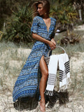 V Neck Half Sleeve Bohemia Stripe Front Split Maxi Dress