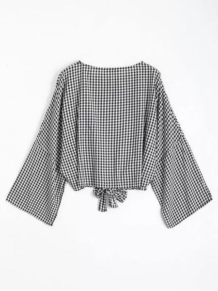 Fashion Round Neck Plaid Front Tied Blouse