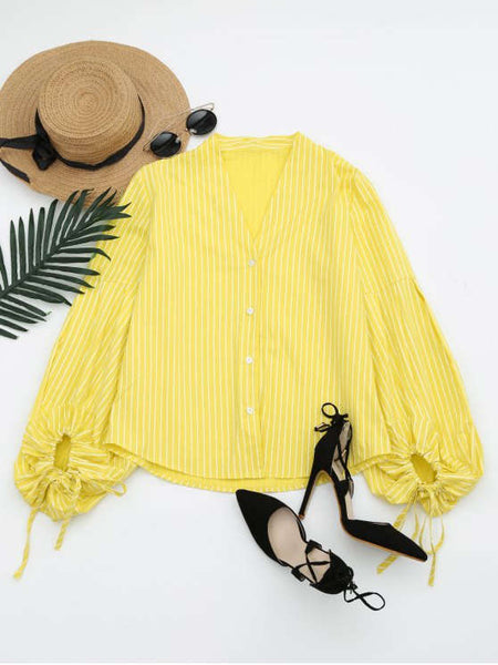 Stunning Drawstring Sleeve Button Up Striped Blouse