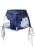 Trendy Lace Up Frayed Distressed Denim Shorts