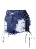 Trendy Lace Up Frayed Distressed Denim Shorts