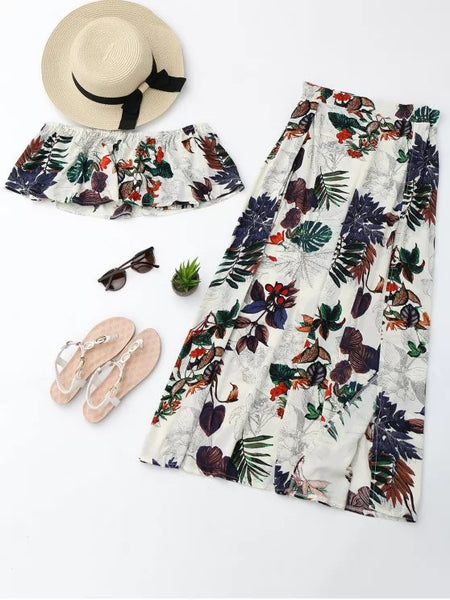 Separate Printed Top with Slit Skirt Suit