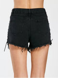 Trendy Frayed Hem Lace Up Denim Shorts