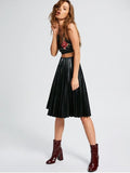 Trendy High Waist Pleated Faux Leather Skirt