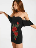 Cute Embroidered Patches Off Shoulder Bodycon Dress