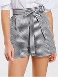 Trendy Belted Scalloped Stripes Shorts