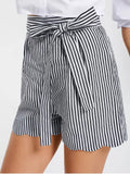 Trendy Belted Scalloped Stripes Shorts