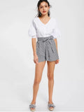 Trendy Belted Scalloped Stripes Shorts