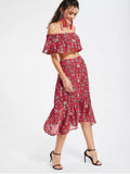 Floral Off Shoulder Tube Top and Ruffles Midi Skirt