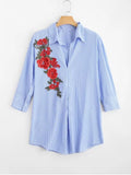 Trendy Floral Patched Striped Long Shirt