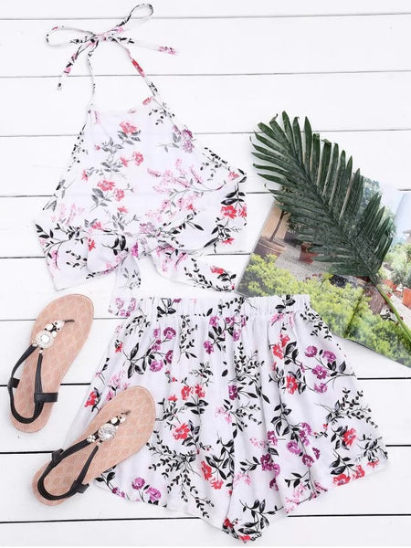 Halter Floral Crop Top with Shorts