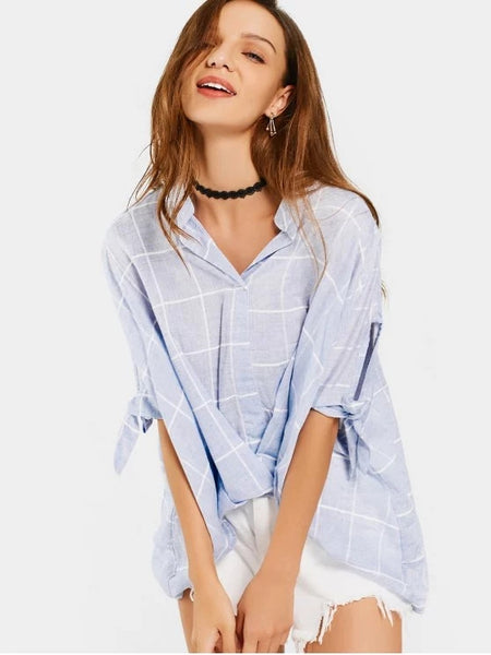 Pretty Gathered Checked High Low Blouse