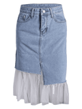 Fashion High Waisted Voile Panel Denim Skirt