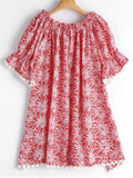 Stunning Poms Printed Off Shoulder Trapeze Dress