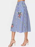 Chic Stripes Floral Embroidered Midi Skirt