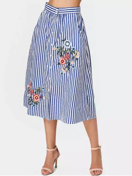 Chic Stripes Floral Embroidered Midi Skirt