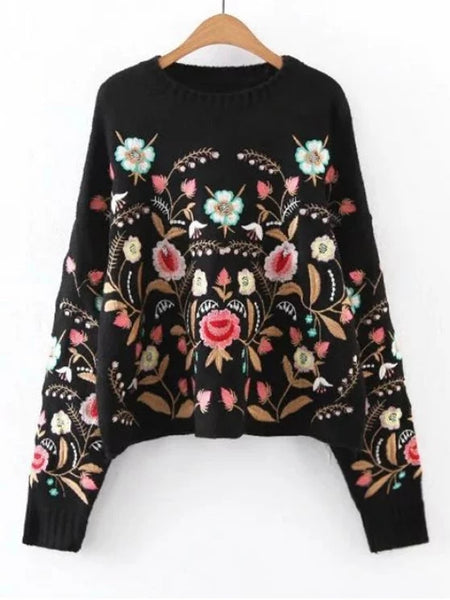 Cute Oversized Floral Embroidered Sweater